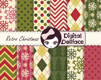 Retro Christmas Digital Paper. Red and Green, Holiday Scrapbook Paper Pack