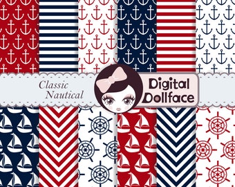 Nautical Digital Paper Set, Scrapbook Paper Pack, Anchor, Sea, Chevron