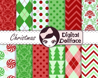 Holiday Digital Paper, Christmas Scrapbook Paper, Red and Green, Commercial Use