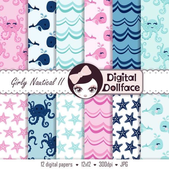 Ocean / Sea Digital Paper, Whale, Waves & Starfish / Pink Nautical Scrapbook Paper Il_570xn