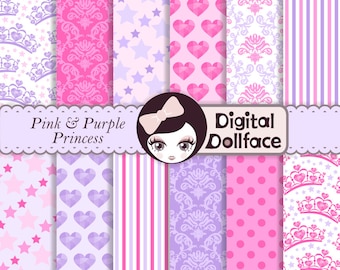 Pink and Purple Digital Paper, Girl, Princess Scrapbook Paper Pack