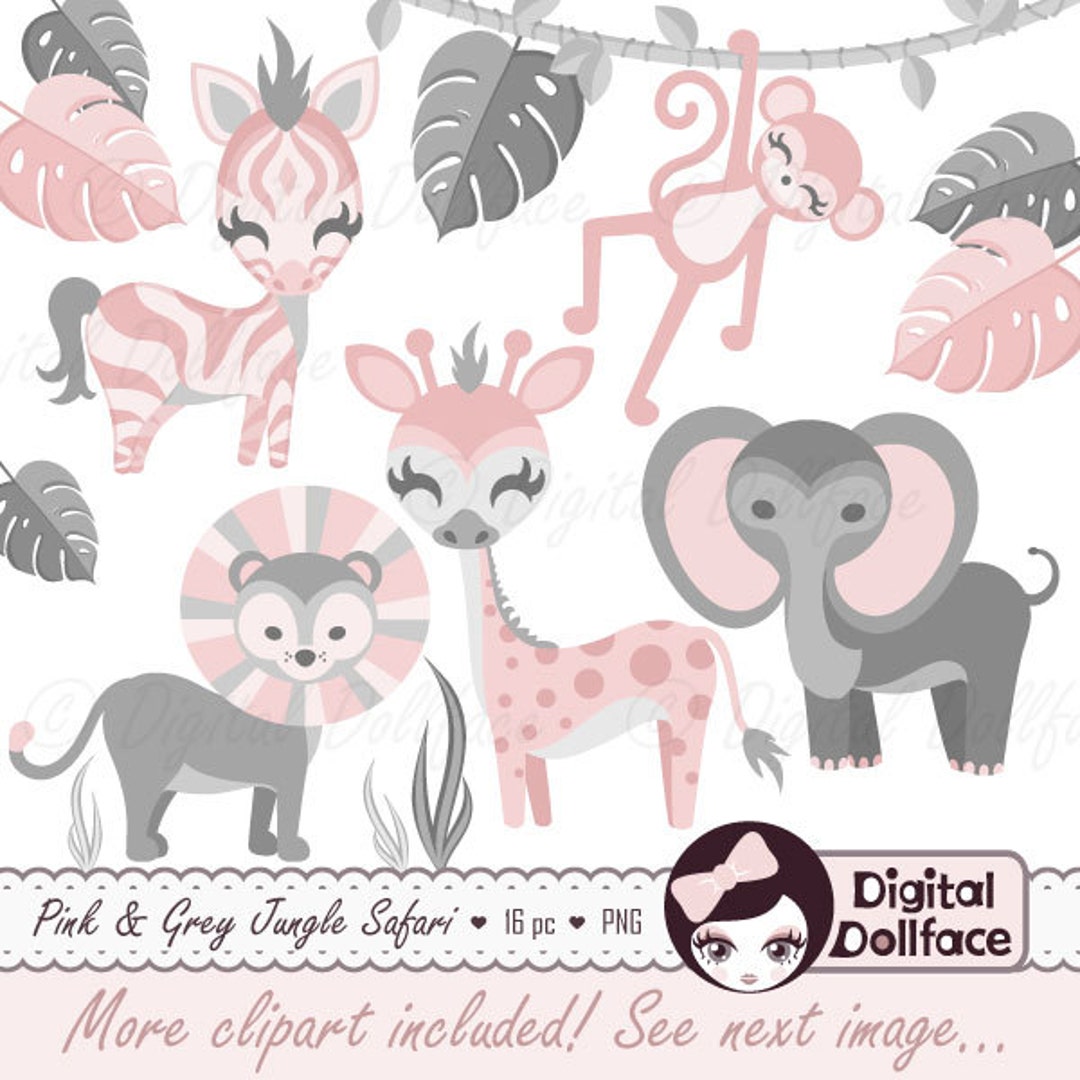 Pink Jungle Baby Shower Clip Art, Safari Animals, Baby Safari Clipart