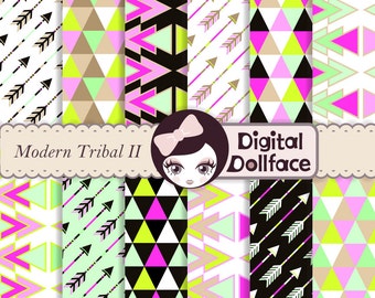 Neon Tribal Digital Paper, Instant Download, Arrows & Triangles Patterns
