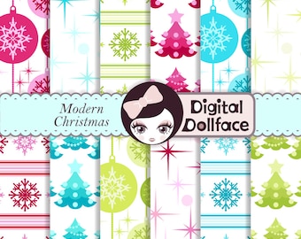 Modern Christmas Digital Paper, Retro Holiday Scrapbook Paper Pack