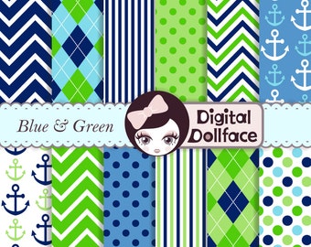 Blue and Green Digital Paper, Baby Boy Digital Paper, anchors, argyle