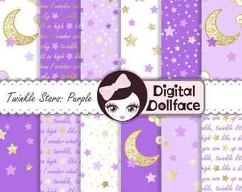 Purple and Gold Digital Paper, "Twinkle Twinkle Little Star," First Birthday Printable, Decorations, Party
