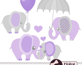 Purple and Grey, Baby Shower, Elephants Clipart, Digital Lavender Clip Art