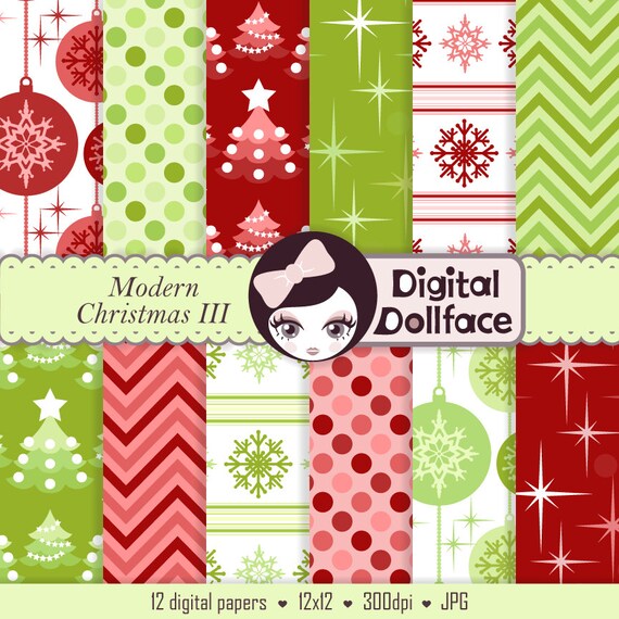 Red and Green Digital Paper, Christmas Ornament, Tree, Snowflake, Polka Dot Patterns Il_570xn