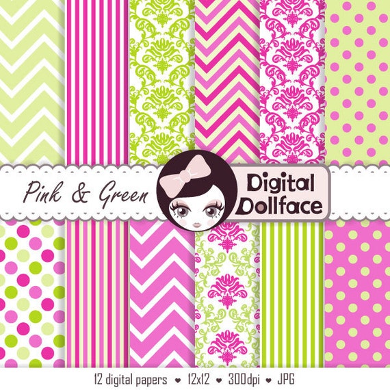 Pink and Green Digital Paper, Chevron, Polka Dots, Damask Scrapbook Paper Il_570xn