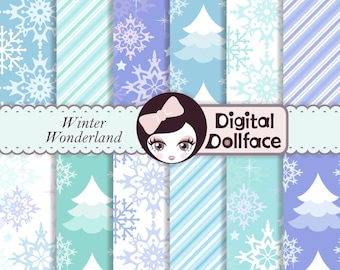 Winter Wonderland Digital Paper, Snowflake Scrapbook Background, Party