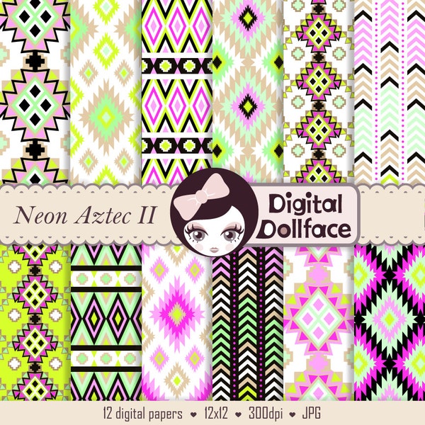 Aztec Digital Paper Pack, Tribal, Neon Geometric, Printable Patterns