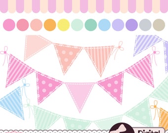Pastel Bunting Clip Art Set, Digital Banner, Baby Shower Images, Flag Clipart Download