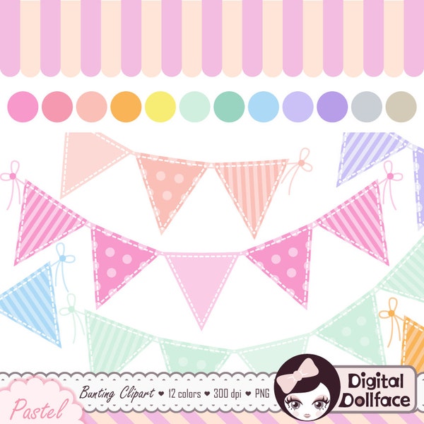 Pastel Bunting Clip Art Set, Digital Banner, Baby Shower Images, Flag Clipart Download