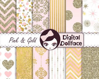 Blush Pink and Gold Wedding Digital Paper, Gold Glitter and Foil Digital Paper