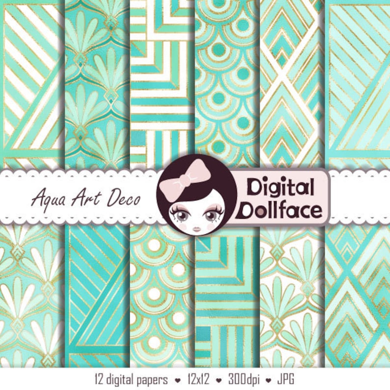 Aqua Digital Paper, Mint, Teal and Gold Printable Art Deco Patterns, Fan, Scallop & Diamond Digital Paper image 1