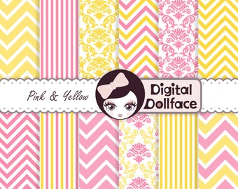 Pink and Yellow Digital Paper, Birthday, Baby Girl Scrapbook Paper, Background