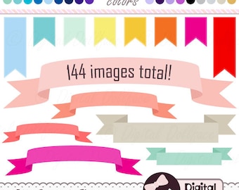 Blog Banner Clip Art, Digital Ribbon Banner, Flag Clipart, Graphics