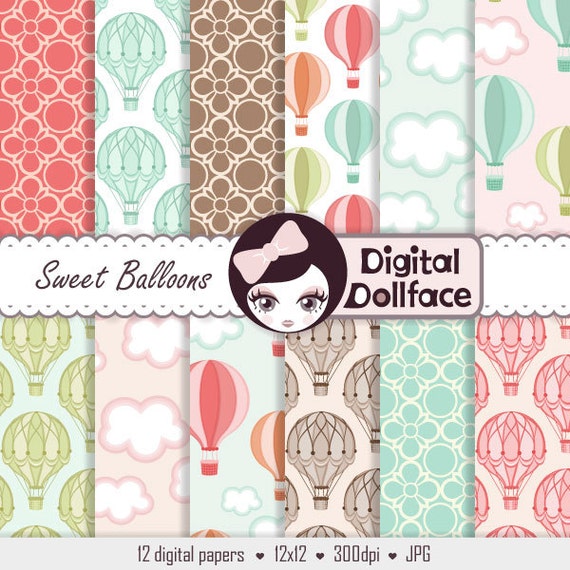 Hot Air Balloon Digital Paper, Printable Cloud / Sky Digital Scrapbook Paper, for Decorations / Crafts Il_570xn
