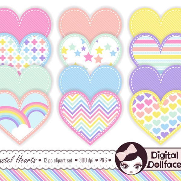 Rainbow Pastel Clipart, Stitched Heart Graphics, Cute Clip Art Images