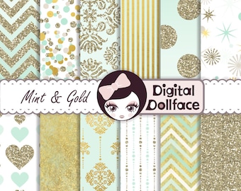 Mint and Gold Wedding Digital Paper, Party Background, Clipart Paper