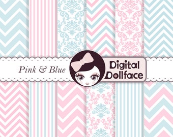 Pink and Blue Digital Paper, Baby Shower Chevron, Damask Clipart, Gender Reveal Party