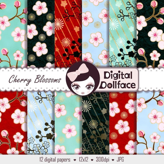 Japanese Digital Paper, "Cherry Blossom" Digital Paper, Art Printables (Pattern Design) Scrapbook Paper Il_570xn