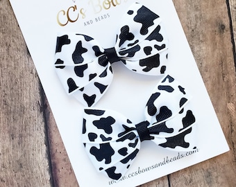 Cow Print Hair Bow Set - Farm Animal Hair Bows for Girls Toddlers Baby - Hair Accessories - Pigtail Bows