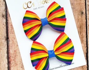 Rainbow Stripe Pigtail Hair Bow Set - Hair Bows - Handmade - Boutique - Bows - Hair Accessories - Accessories - Pig Tail Bows