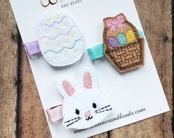 Easter Feltie Clip Set - Spring Hair Accessories - Pastel Hair Clips - Easter Egg Bunny Basket