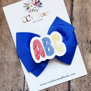 ABC Alphabet School Blue Hair Bow - School Bows - Handmade Clips - Boutique - Hair Accessories - Accessories - 4 Inch Bow