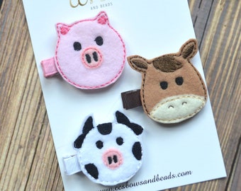 Farm Animal Bows - Felt Hair Clips - Set of Three - Hair Bows for Girls Toddlers Baby - Pig Horse Cow Felt Hair Clips