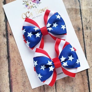 Stars and Stripes 4th of July Hair Bows - Pigtail Hair Bows - 3 Inch Hair Bows - Red White Blue Stars Independence Day