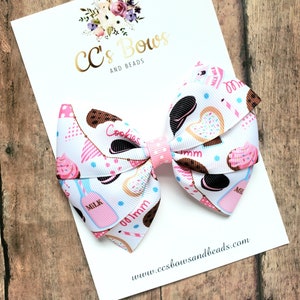 Milk and Cookies Bow - Hair Bows for Girls Toddlers Baby -Chocolate Chip Pinwheel Clip - 4 Inch Bow