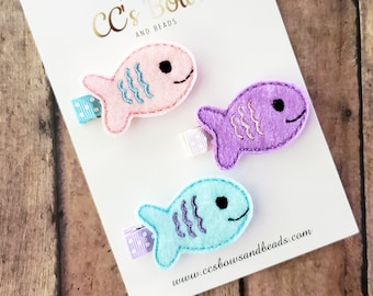 Fish Felt Beach Bows - Mint Purple Pink Felt Hair Clips - Hair Bows for Girls Toddlers Baby - Summer Felties