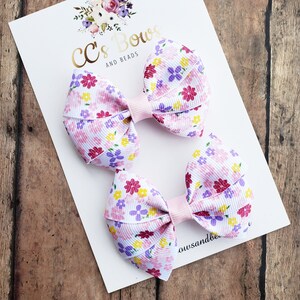 Floral Print Hair Bow Set - Spring Flower Hair Bows for Girls Toddlers Baby - Hair Accessories - Pigtail Bows
