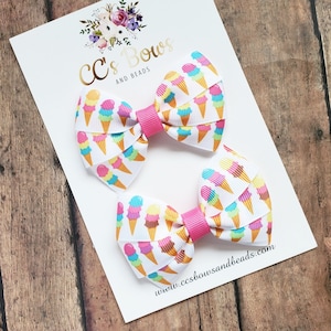Ice Cream Cone Pigtail Hair Bows - Summer Hair Clips - Hair Bows for Girls Toddlers Baby