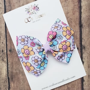 Smiley Daisy Floral Print Hair Bow - Spring Flower Hair Bows for Girls Toddlers Baby - Hair Accessories