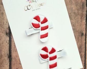 Candy Cane Christmas Feltie Hair Clips - Set of Two - Hair Bows for Girls Toddlers Baby - Hair Accessories - Pigtail Bows Winter