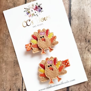 Thanksgiving Turkey Felt Hair Clips - Set of Two - Hair Bows for Girls Toddlers Baby - Hair Accessories - Pigtail Bows Fall