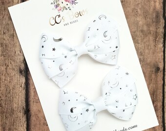 Moon and Stars Hair Bows - Set of Two - Hair Bows for Girls Toddlers Baby - Hair Accessories - Pigtail Bows