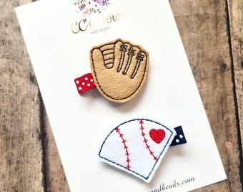 Baseball Hair Bows - Sports Glove Field Softball Felt Hair Clips - Set of Two - Hair Bows for Girls Toddlers Baby
