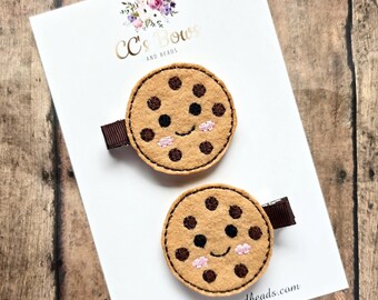 Chocolate Chip Cookie Bows - Felt Hair Clips - Set of Two - Hair Bows for Girls Toddlers Baby -Cookie Feltie Set - Pigtail Bow