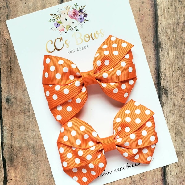 Orange Polka Dot Hair Bows - Set of Two - Hair Bows for Girls Toddlers Baby - Hair Accessories - Pigtail Bows Fall