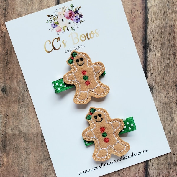 Gingerbread Girl Feltie Hair Clips - Set of Two - Christmas Hair Bows for Girls Toddlers Baby - Hair Accessories - Pigtail Bows Winter