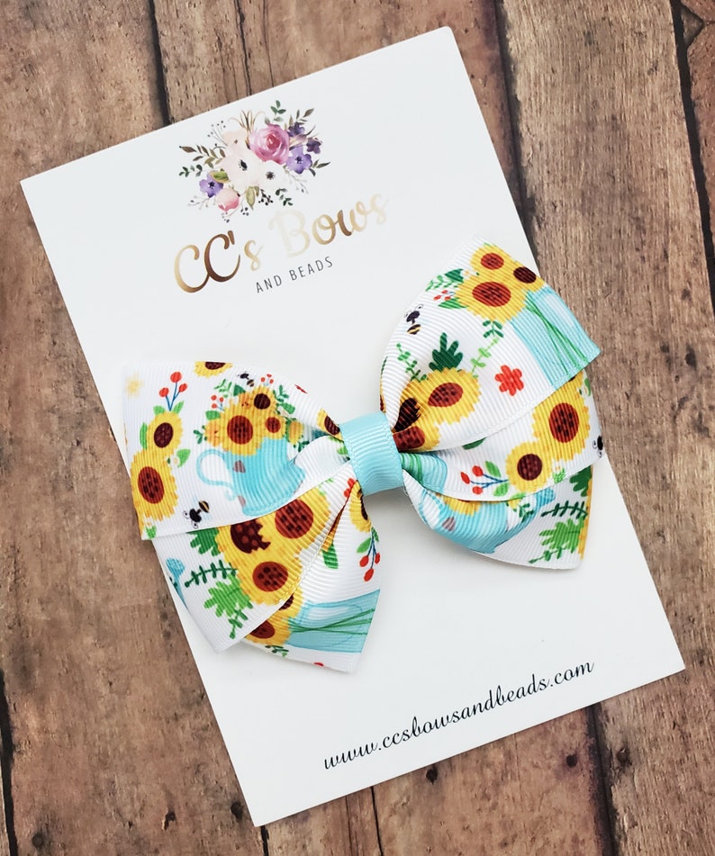 Sunflower Floral Print Hair Bow Spring Flower Hair Bows for Girls Toddlers Baby Hair Accessories image 1