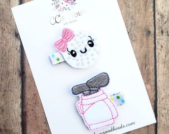 Golf Ball and Bag Felt Hair Clips - Set of Two - Hair Bows for Girls Toddlers Baby - Sports Felties