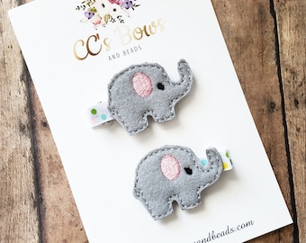 Elephant Hair Bows - Felt Hair Clips - Set of Two - Hair Bows for Girls Toddlers Baby - Pigtail Hair Clips