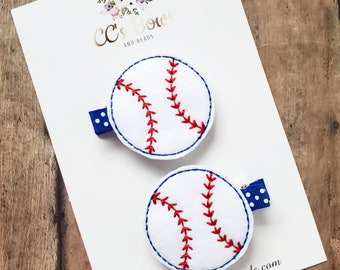 Sports Bows - Baseball Softball Felt Hair Clips - Set of Two - Hair Bows for Girls Toddlers Baby