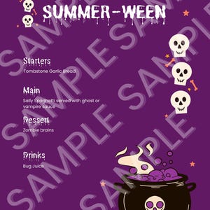 May include: A purple Halloween-themed menu with the text "THIS IS SUMMER-WEEN". The menu includes starters, main courses, dessert, and drinks, with spooky names like "Zombie brains" and "Bug Juice". A cauldron graphic is at the bottom.