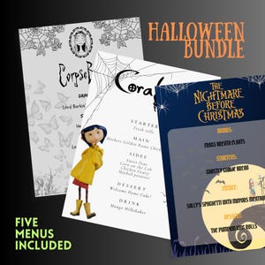 May include: A Halloween-themed bundle featuring five menus with spooky designs. The menus include text like "Corpse," "Coral," and "The Nightmare Before Christmas." A Coraline doll in a yellow raincoat is also visible.